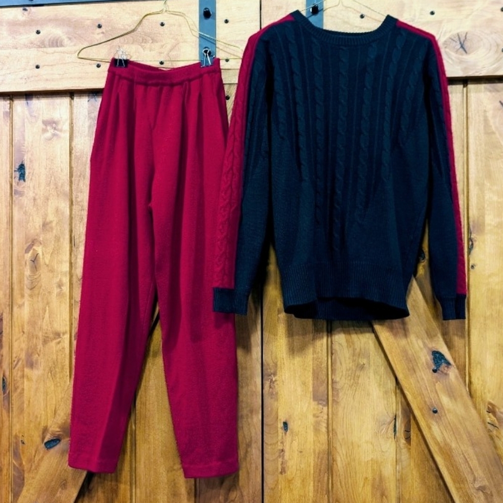 Vintage Cashmere 2 Piece Sweater Set Black & Crimson Nancy Heller